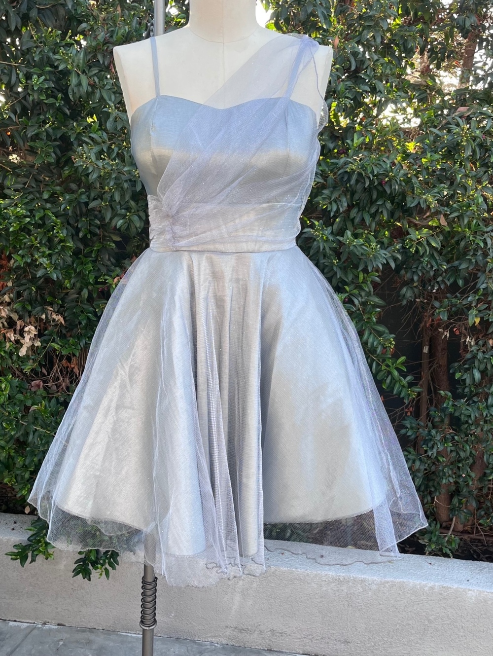 Vintage Silver Gray Tulle Party Dress Midi A-Line Layered Sheer Overlay Medium